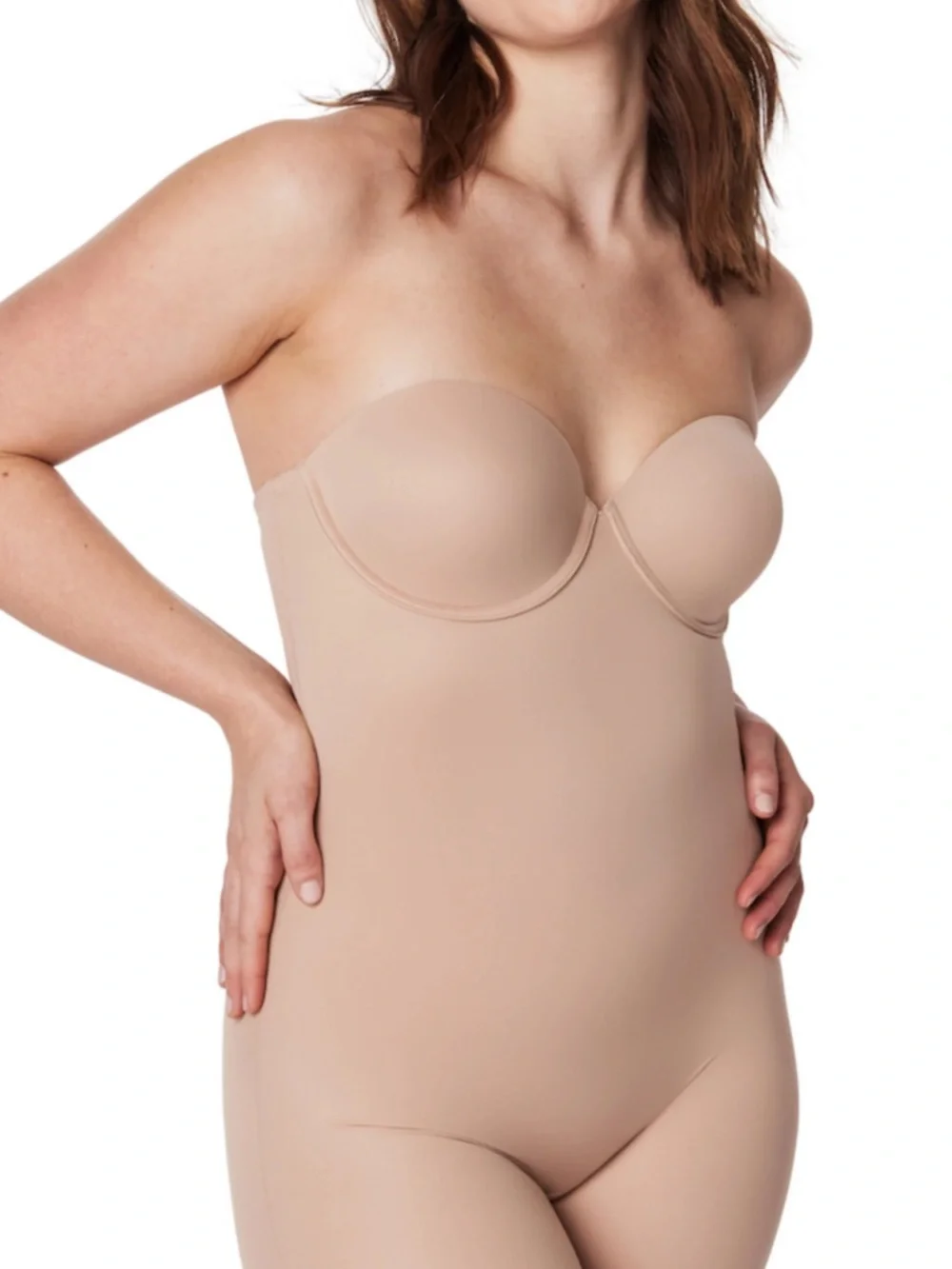 RED HOT by SPANX® WOMENS SHAPEWEAR FINISH STRAPLESS CUPPED MID THIGH BODYSUIT SM